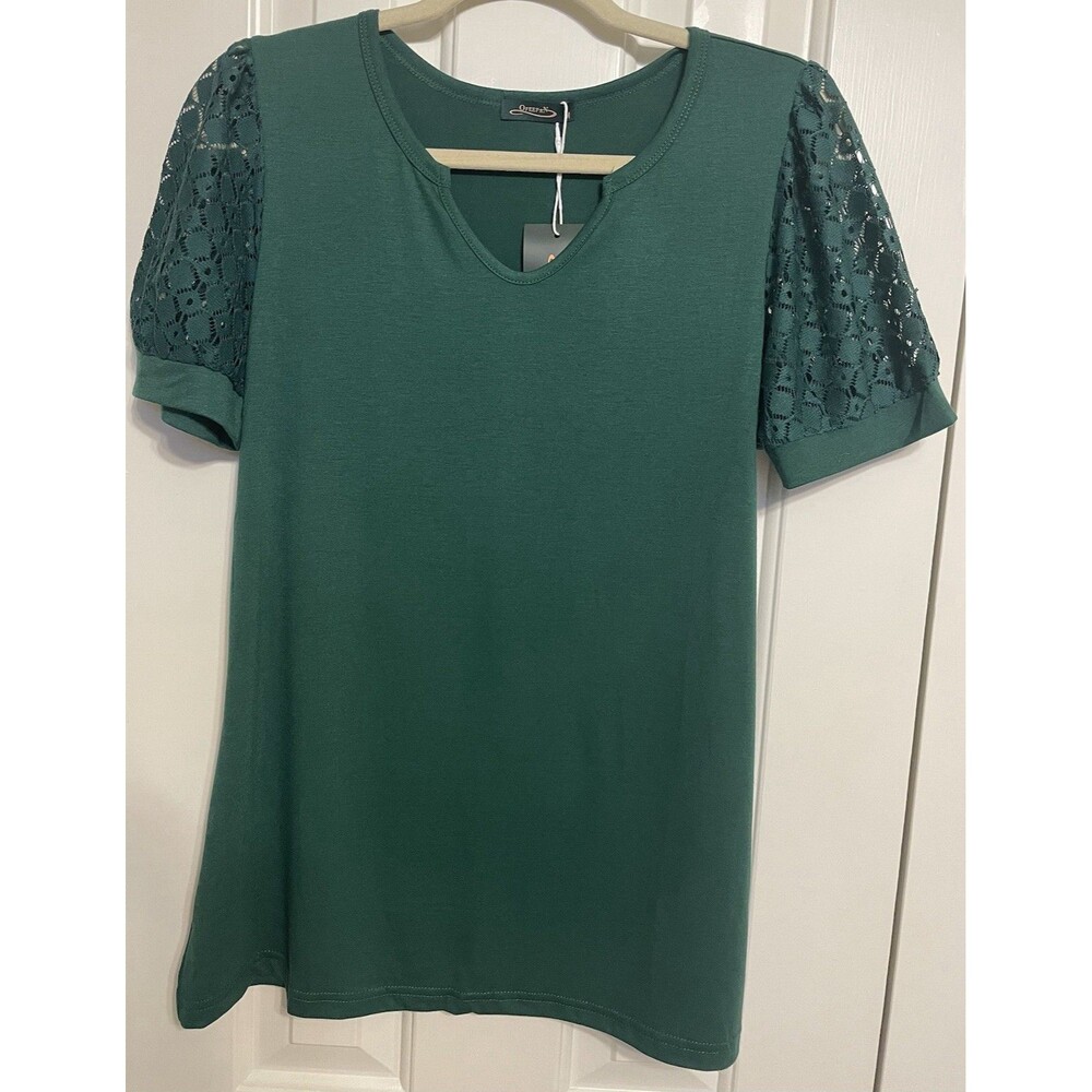 OFEEFAN Women’s Green Lace Sleeve Blouse V Neck Short Sleeve Medium NWT